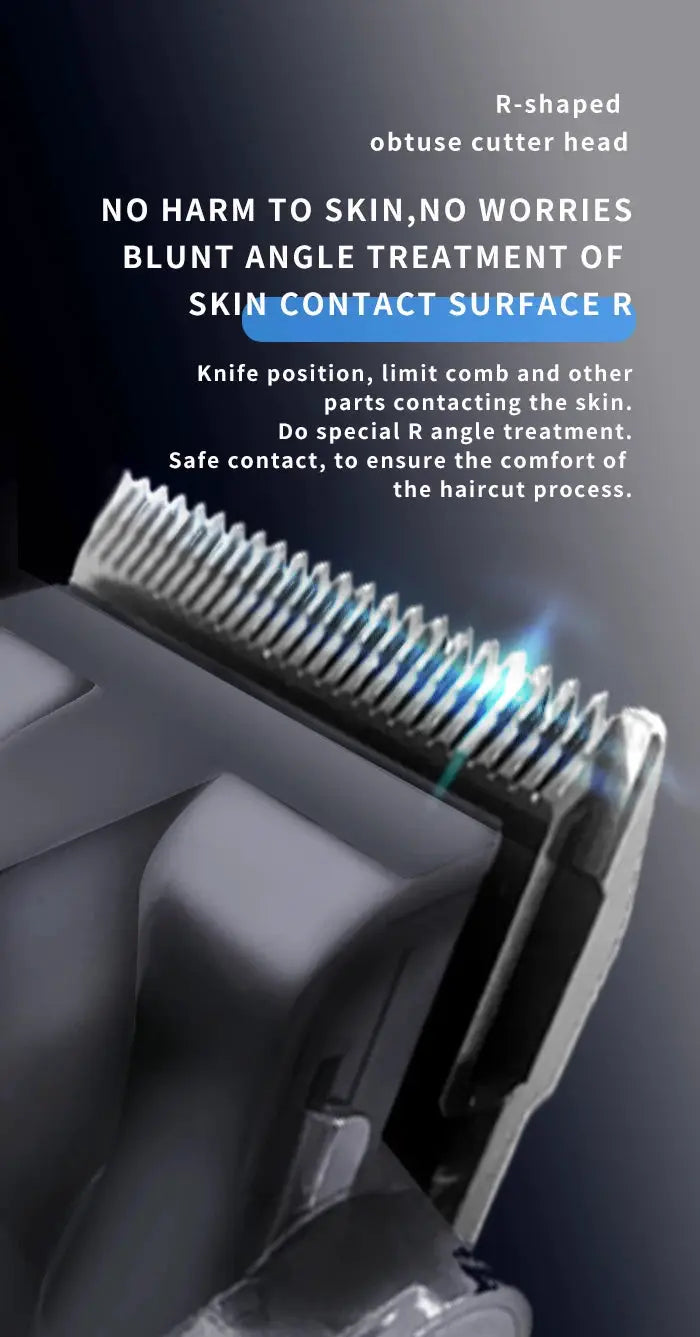 Hair clipper with blue-lit R-shaped obtuse cutter head