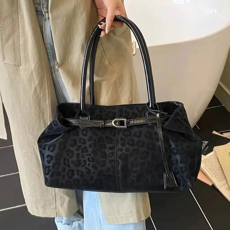 Simples Market leopard print PU leather shoulder bag with short handles and belt strap