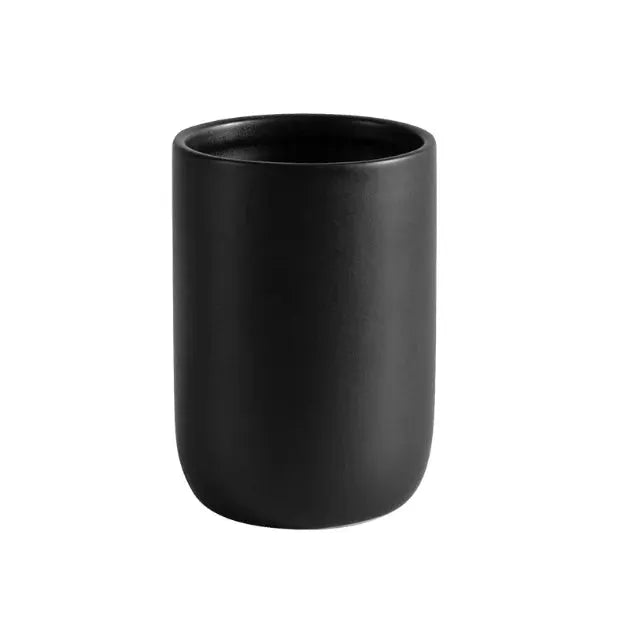 Bathroom cup by Simples Market, black ceramic; part of a four-piece bathroom set
