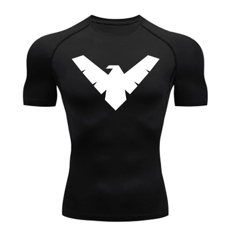 Men's black short-sleeve compression shirt by Simples Market with white geometric logo.