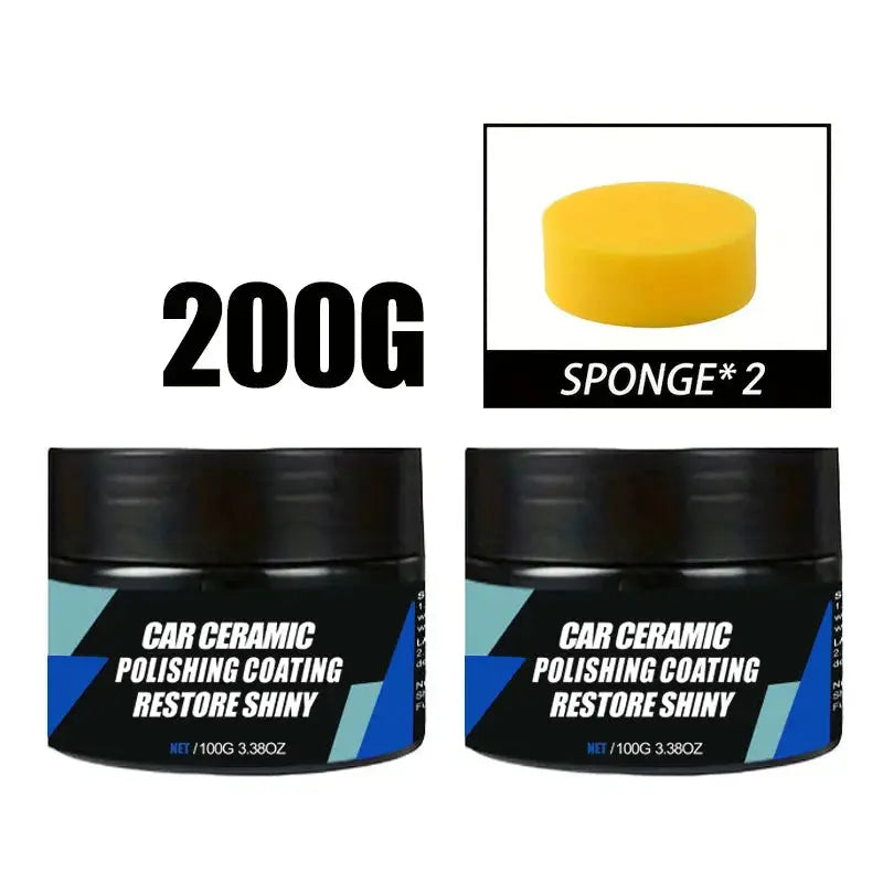 Two black jars of car ceramic polishing coating with blue geometric label, 200g total, plus yellow sponge