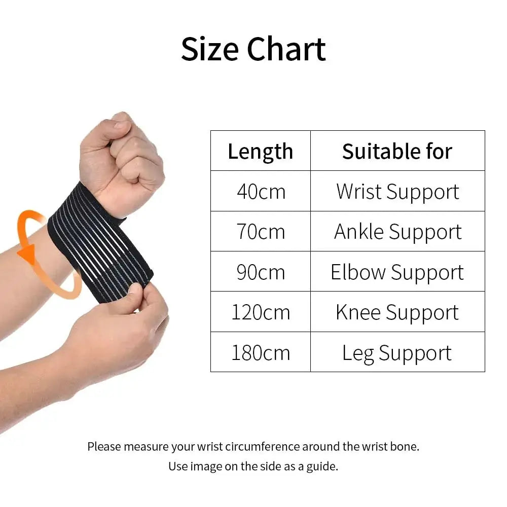 Elastic compression bandage wrap in black with white stripes, shown with size chart for wrist to leg supports