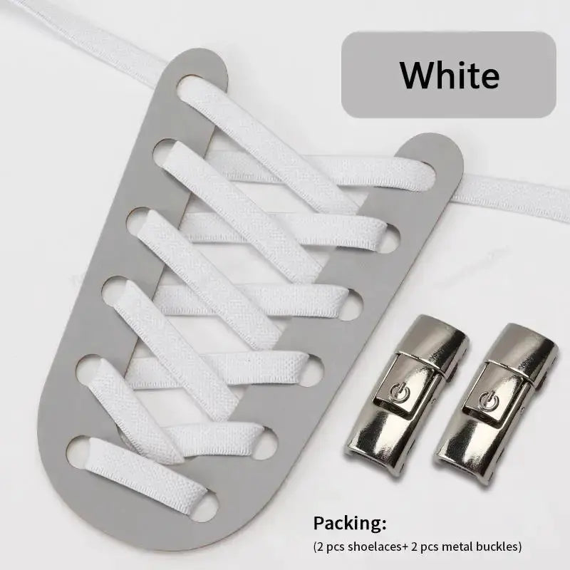 Press-lock elastic shoelaces by Simples Market, white, flat 8mm, with 2 metal buckles