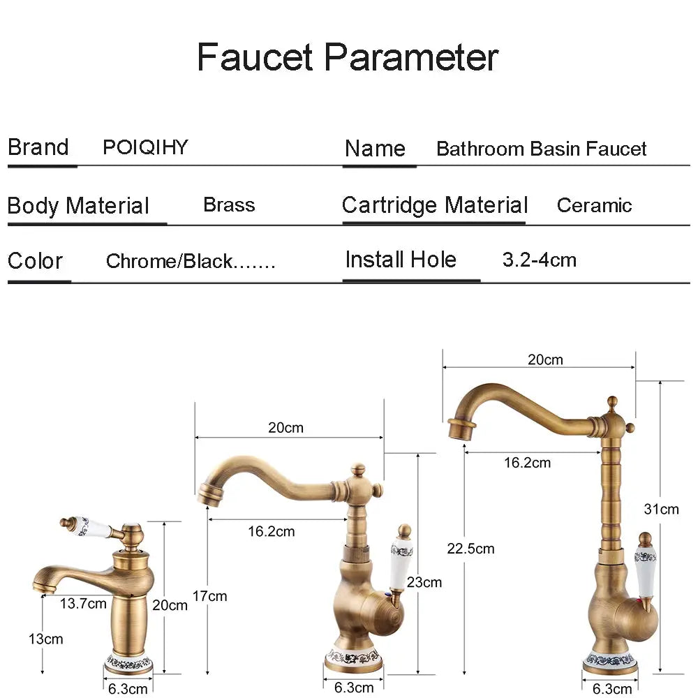 Set of three antique brass bathroom faucets with curved spouts and ceramic handles.