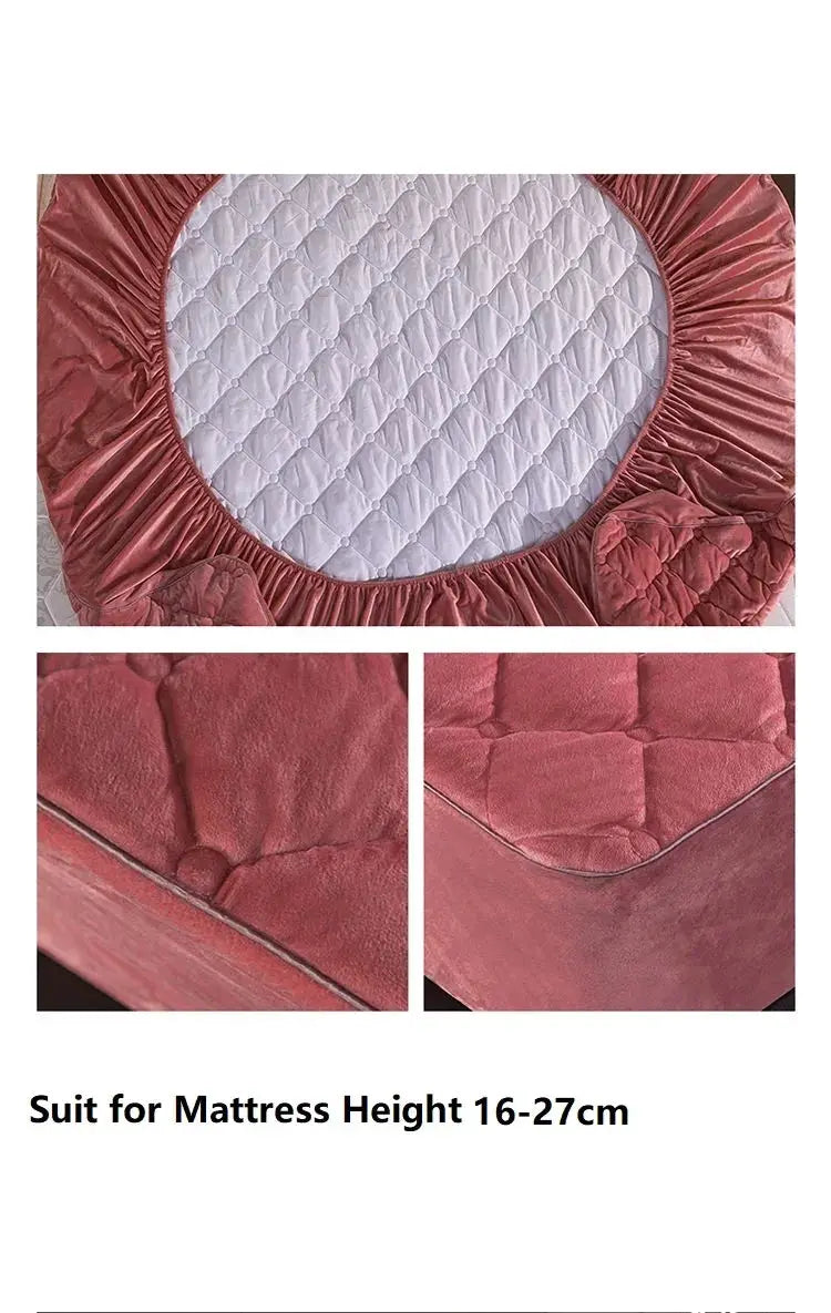 Plush thick quilted velvet mattress cover in rose pink, fitted king/queen size by Simples Market