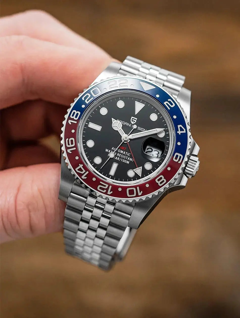PAGANI DESIGN V3 GMT watch with stainless steel bracelet, black dial, red/blue bezel, automatic movement, 40mm