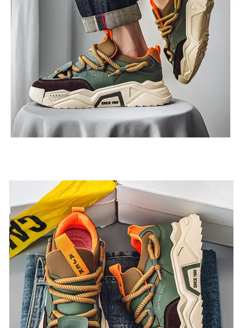 Men's casual sneakers by Simples Market, green and tan low-top skate shoes with orange laces and chunky beige sole