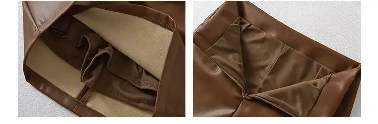 WOMENGAGA brown PU leather high-waist A-line wrap skirt with inner lining and knot-wrapped hip detail