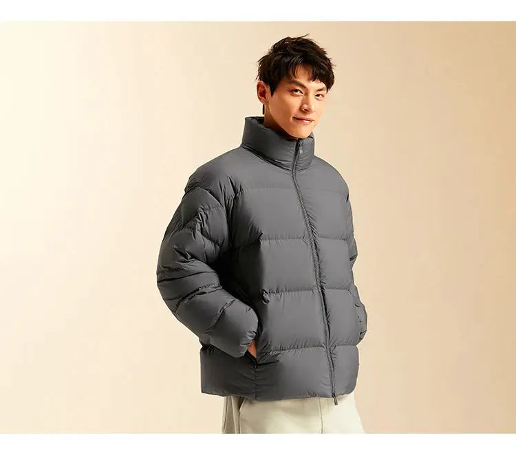 Men's gray puffer down jacket with stand collar and zip front, quilted padding for warmth