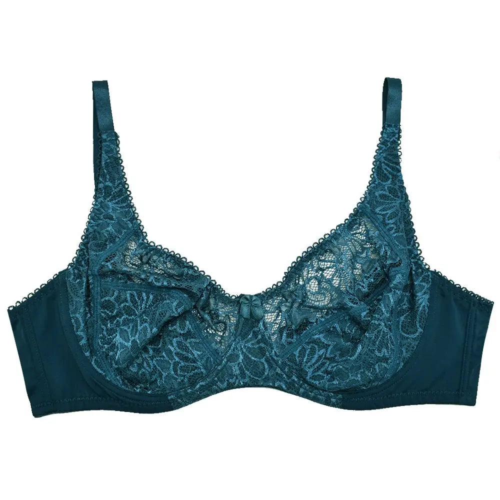 Teal lace bra for plus sizes with underwire and floral pattern