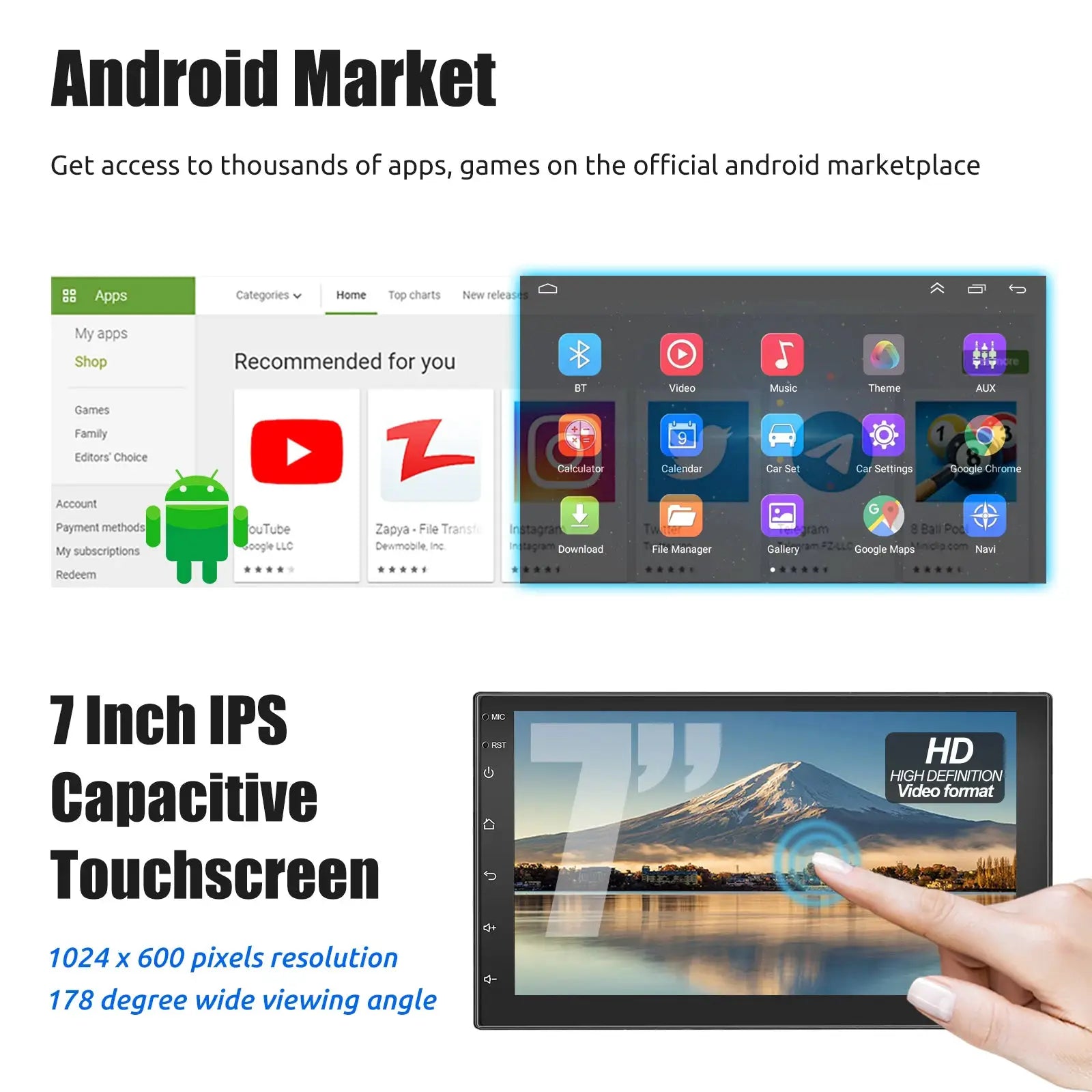 ESSGOO 7/9/10-inch 2-DIN Android car stereo with CarPlay, Android Auto, GPS, Bluetooth, FM, Wi-Fi touchscreen