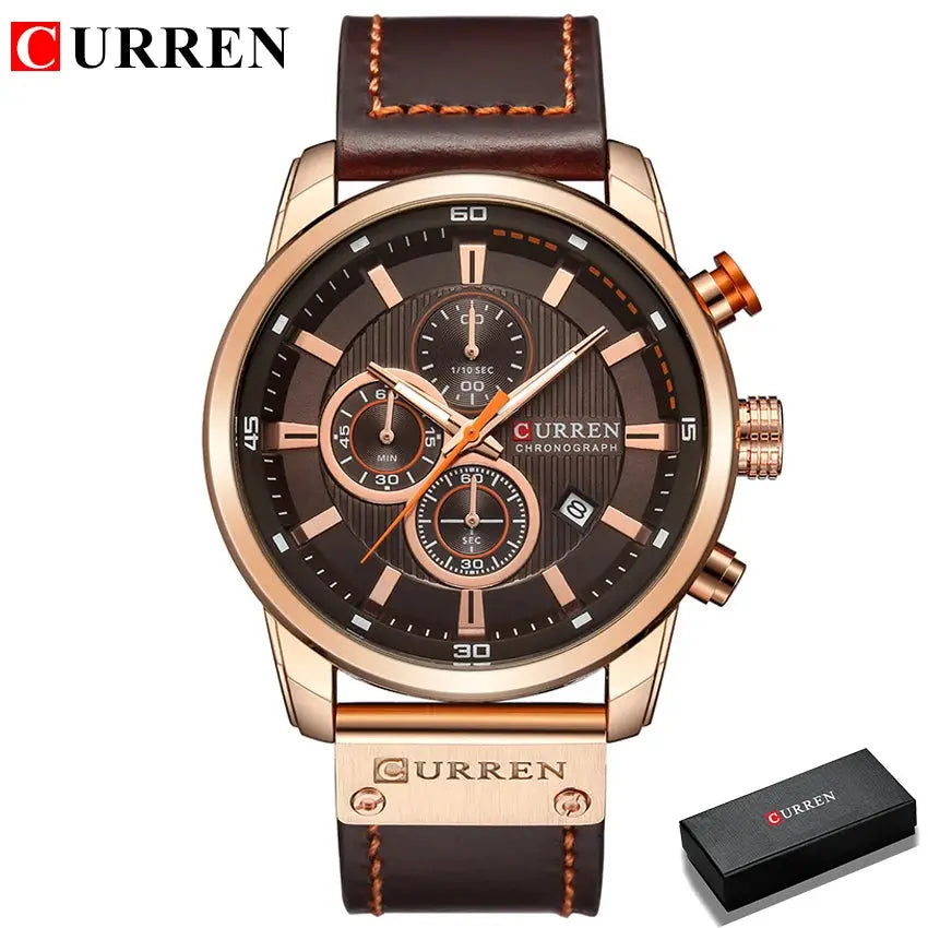 Curren 8291 men's quartz chronograph watch with rose-gold case, three subdials, brown leather strap.