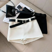 Two-tone office lady A-line skirts, white and black, with matching belts (2 skirts) and small handbag.