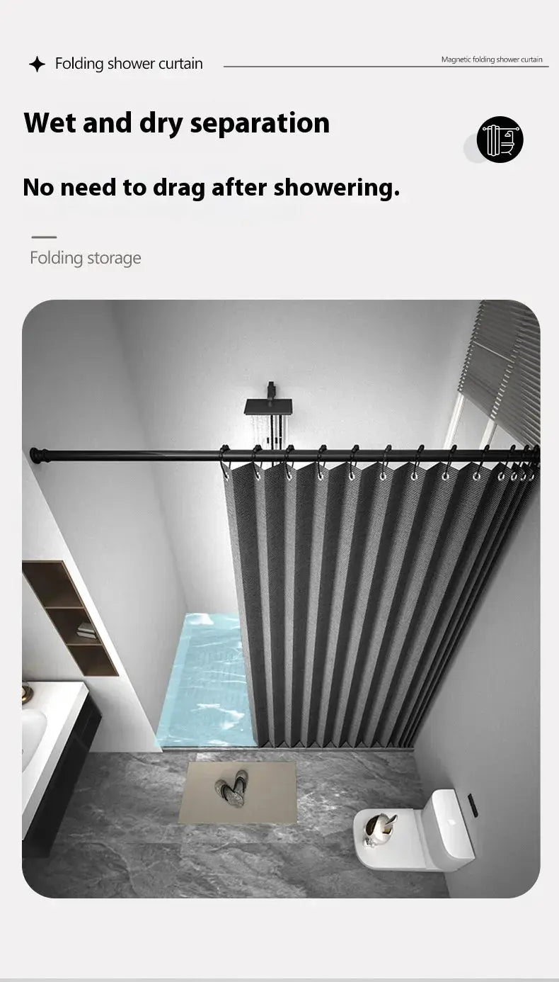 Magnetic foldable linen shower curtain by Simples Market for walk-in shower, dark gray, water-resistant