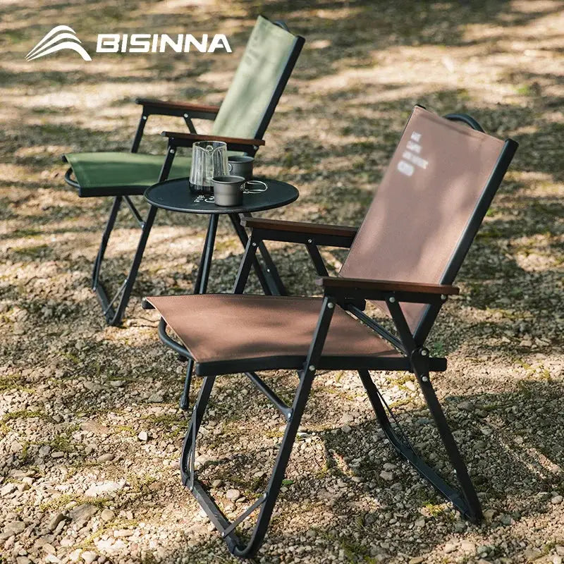 BISINNA outdoor folding camping chairs set of three with brown and green fabric seats around a round black table