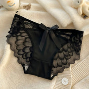 Women's black lace panties with satin front panel and bow, scalloped lace sides, mid-low rise