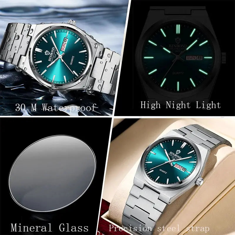 BINBOND men's stainless steel quartz watch with teal dial, day-date, luminous hands, 30m water resistant, bracelet