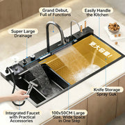 Simples Market stainless steel waterfall kitchen sink with embossed large single-slot basin and left-side drainage