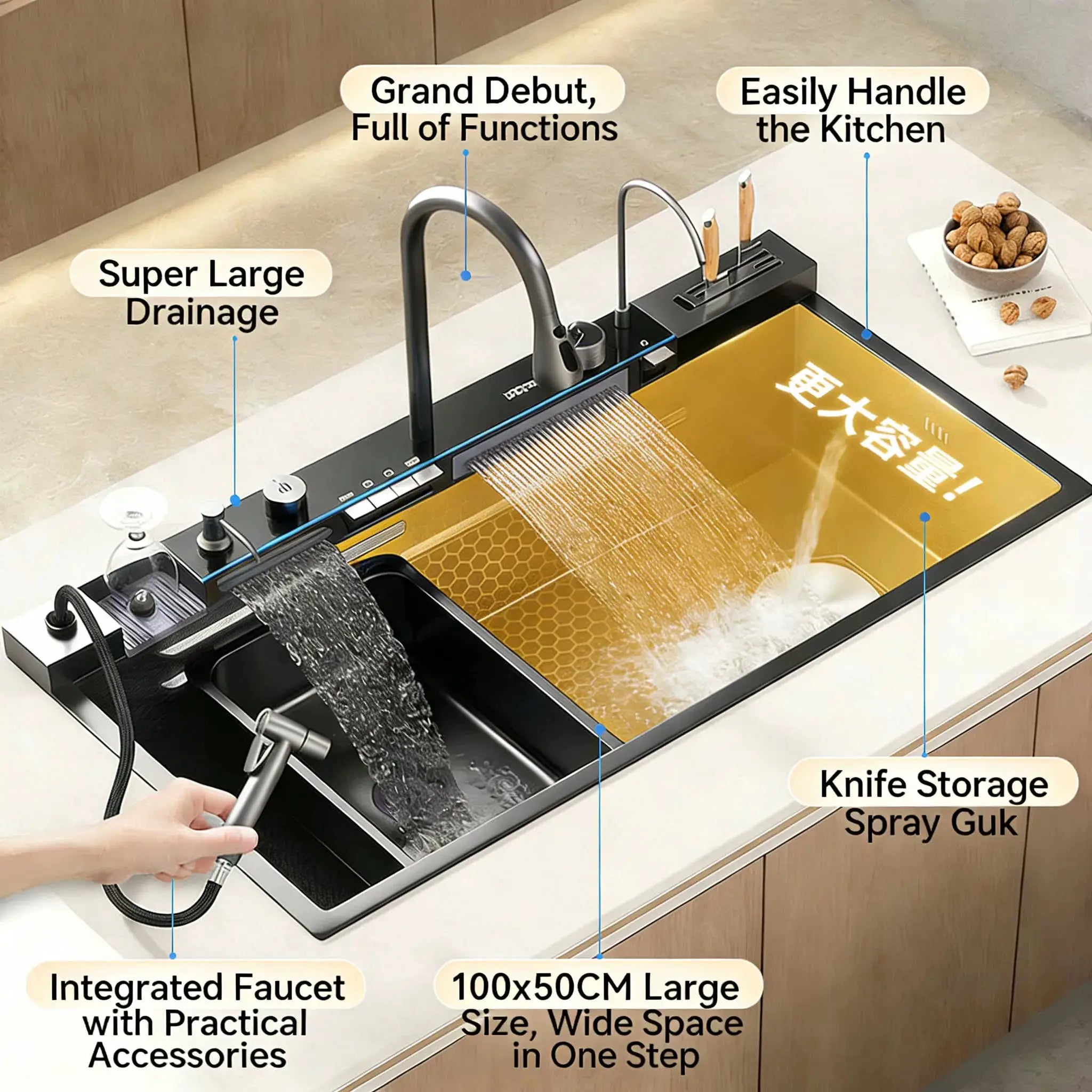 Simples Market stainless steel waterfall kitchen sink with embossed large single-slot basin and left-side drainage
