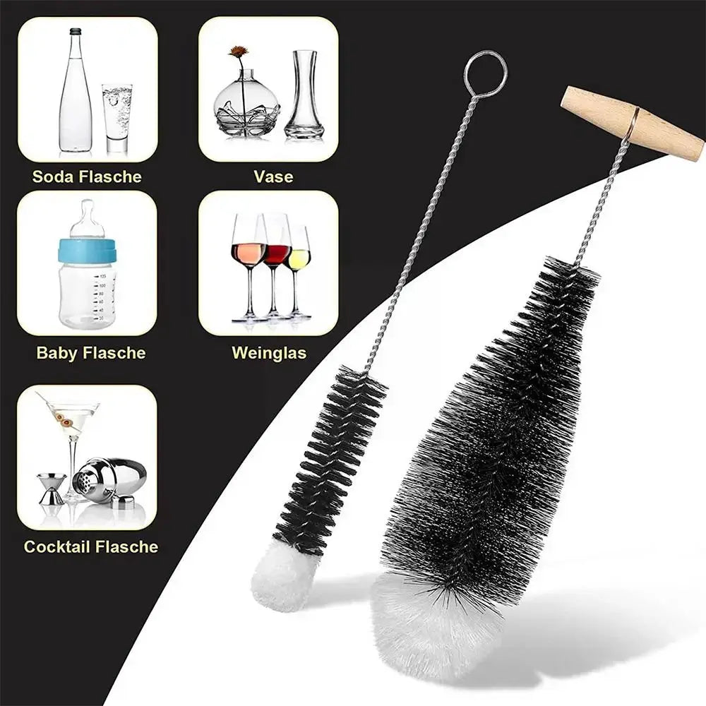 Two beechwood-handle bottle brushes with black bristles; ideal for soda bottles, glassware and jars