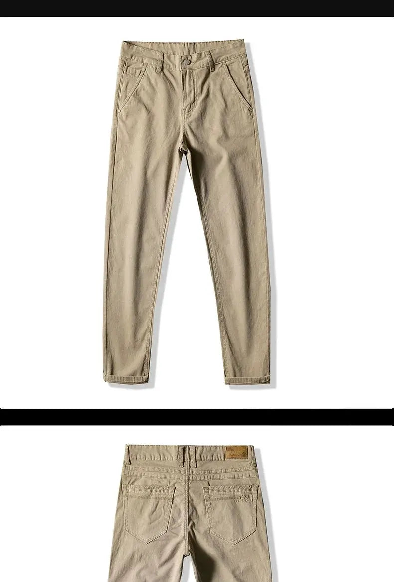 Simples Market men's khaki cotton-stretch straight pants with front and back pockets for business casual wear.