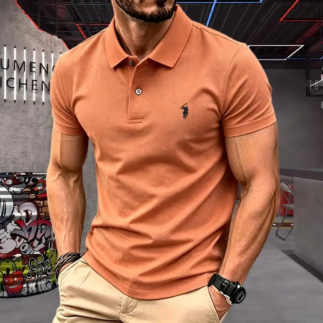Simples Market polo shirt, peach 100% cotton short sleeve with pony embroidery for casual golf style.