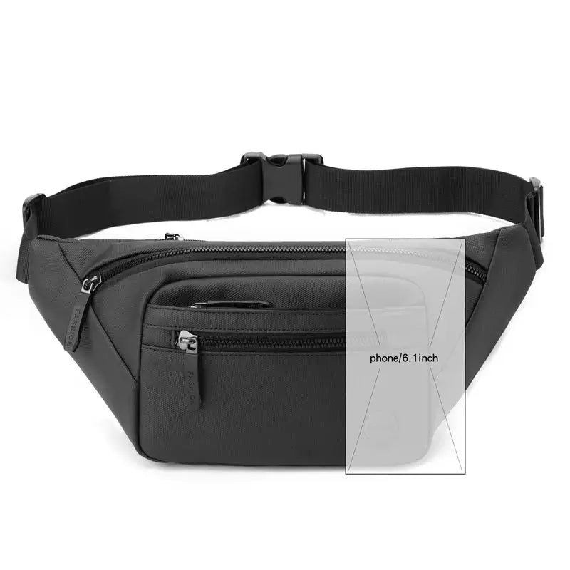 Unisex waterproof waist bag in black nylon with multiple zip pockets and adjustable belt strap