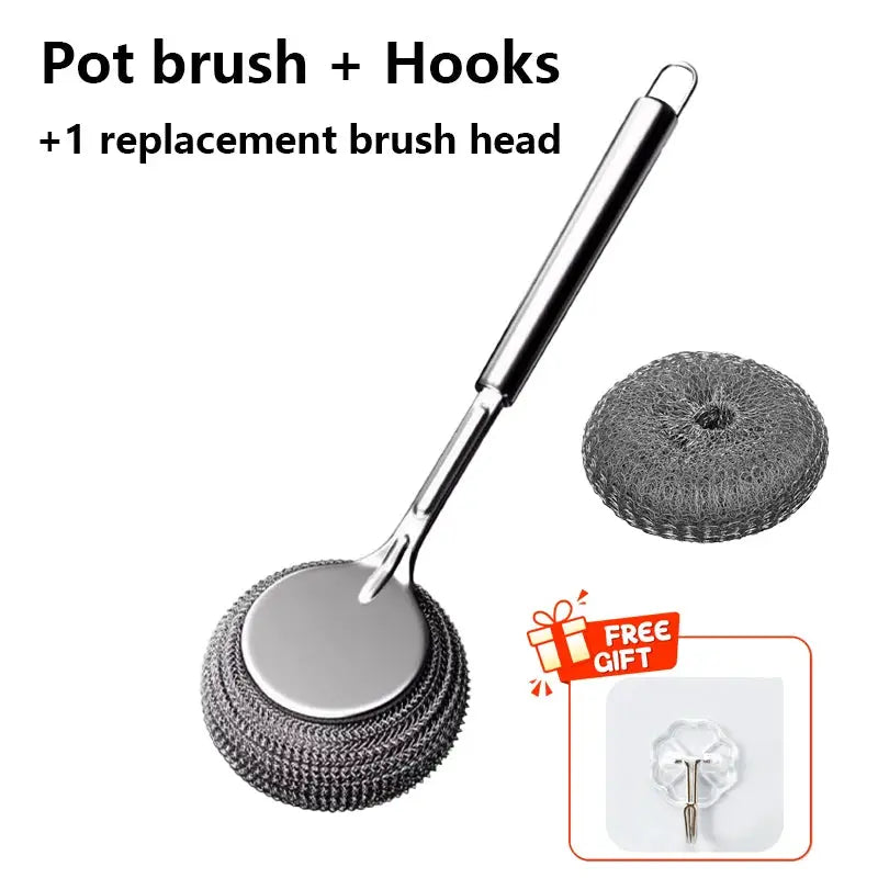 Stainless steel pot brush by Simples Market with long handle and replaceable head; includes steel-wool discs.