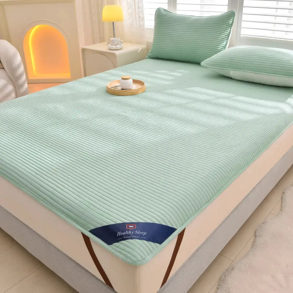 Simples Market 1pc striped waterproof mattress protector in mint green; soft, breathable, fits single or double beds