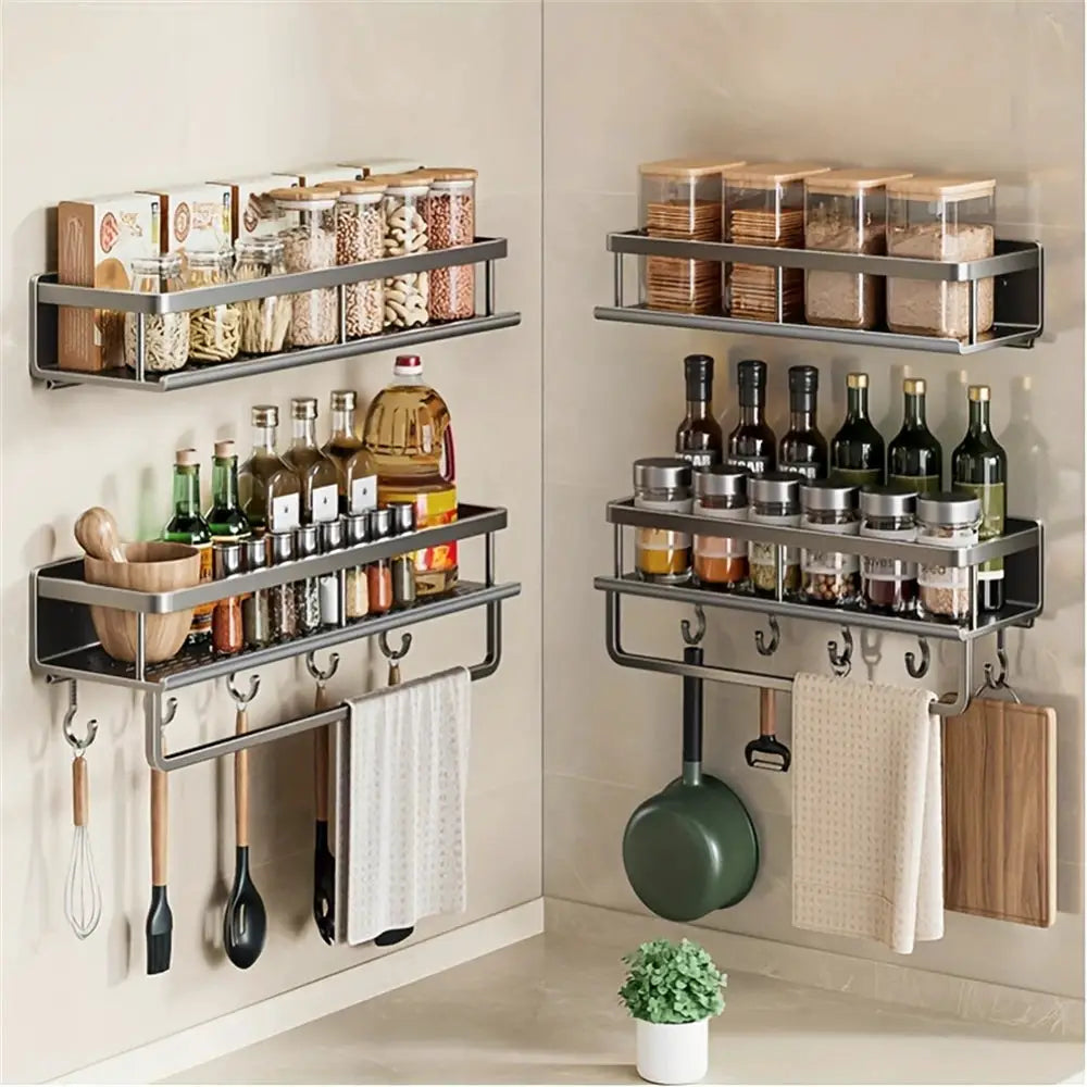 Multi-functional set of two wall-mounted storage racks with spice jars, bottles, hooks, and hanging utensils