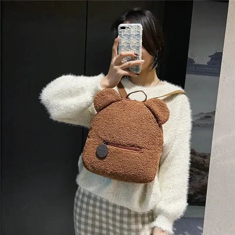 Bear-ear fleece small backpack in brown plush by Simples Market; kids' daypack with bear ears