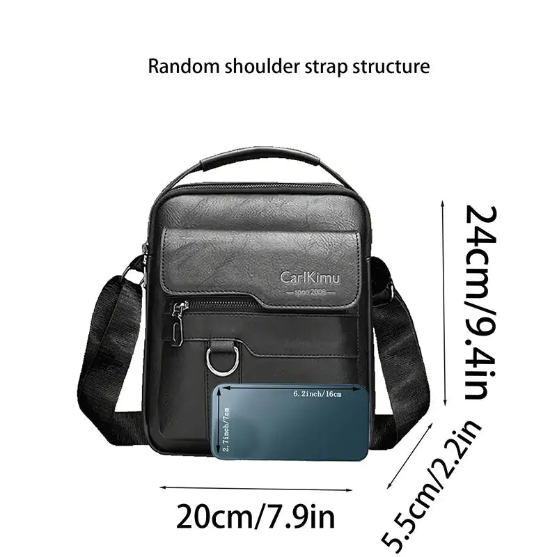 Daily Wear Vintage PU Leather Messenger Bag in black with front zip pocket and adjustable shoulder strap