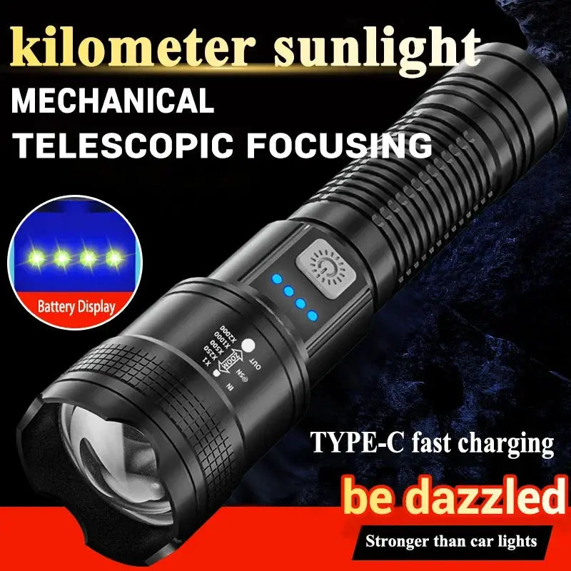NovaGuard 2000 Lumen Tactical LED Flashlight USB C Fast Charging Zoomable Beam for Camping and Emergency