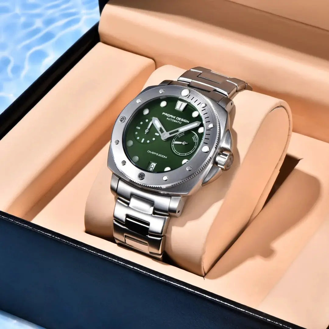 PAGANI Design men's automatic mechanical watch with green dial and stainless steel bracelet in beige presentation box