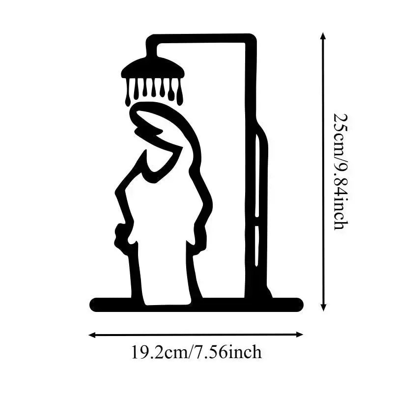 Shower figure metal wall art, black minimalist line drawing on aluminum plate for bathroom decor.