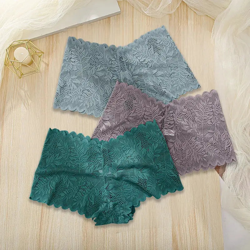 3pc lace underwear set in teal, blue and lavender with floral-edged seamless briefs