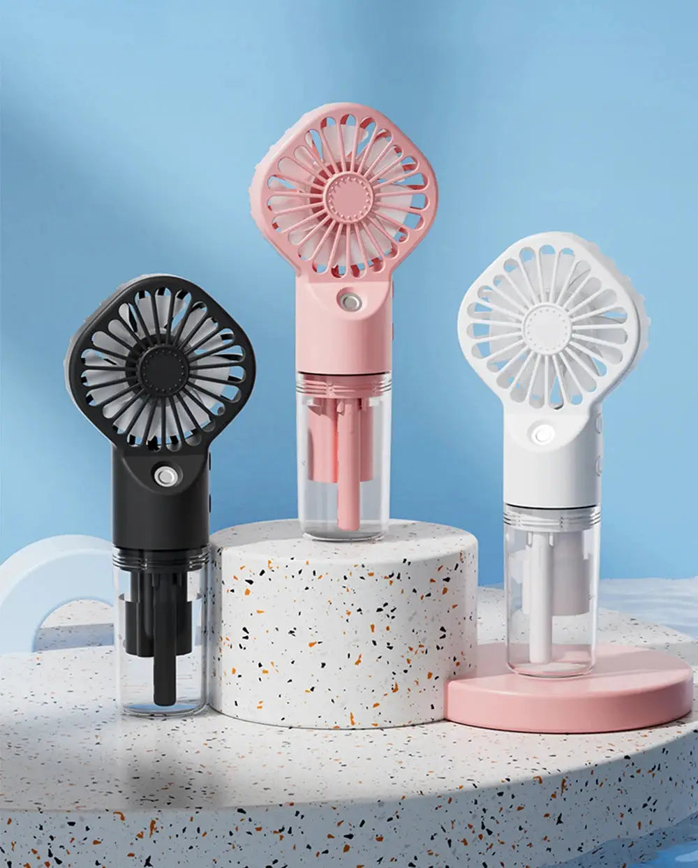 Portable handheld spray humidifier fans set of 3 in black, pink, white; USB rechargeable, 4 speeds