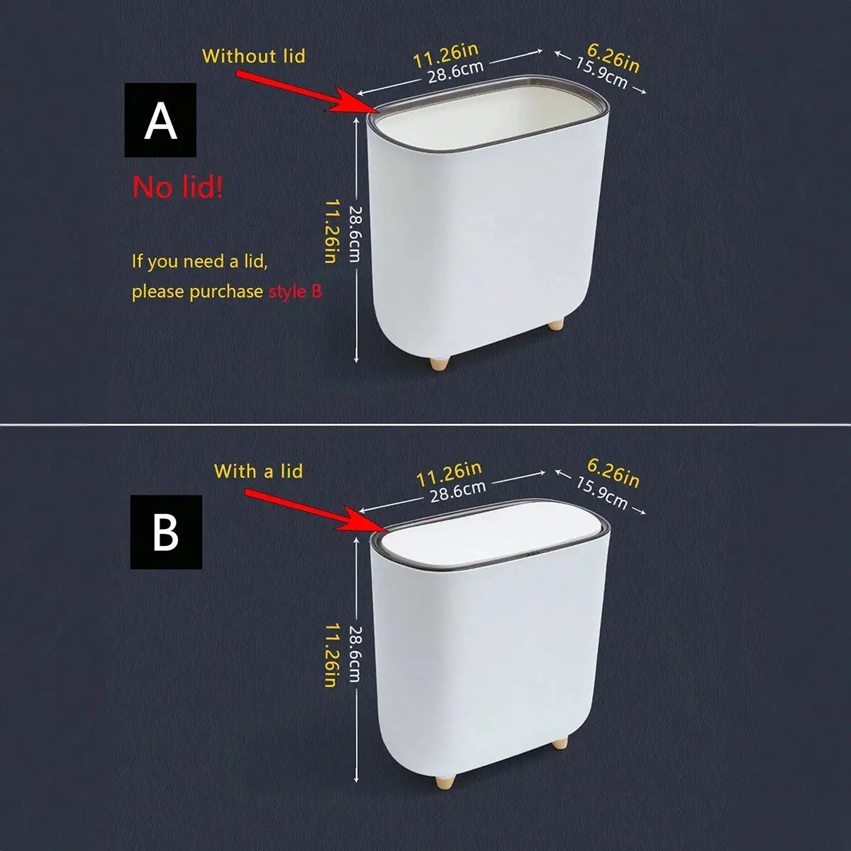 Narrow shape press-ring trash can with lid, white, Simples Market, for bathroom gap (two views)