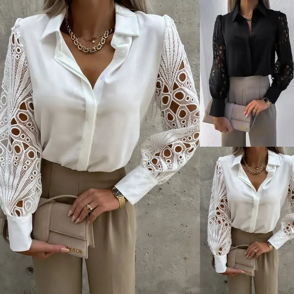 Women elegant solid chiffon blouse with lace sleeves; white and black variants, loose v-neck by Simples Market