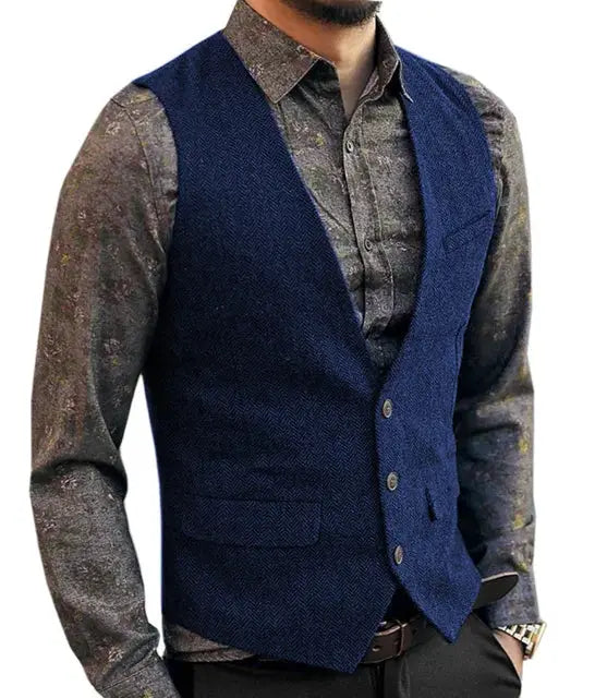 Deep V-Neck Navy Blue Herringbone Waistcoat, Slim-Fit Vest for Wedding
