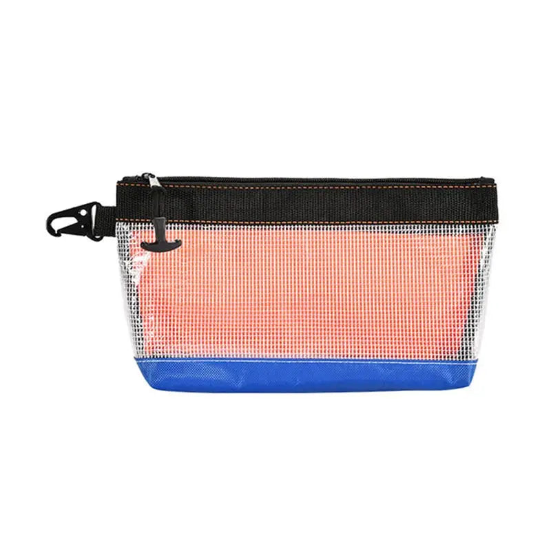 Transparent PVC organizer pouch for hardware tools with orange interior and blue base, black zipper and carabiner