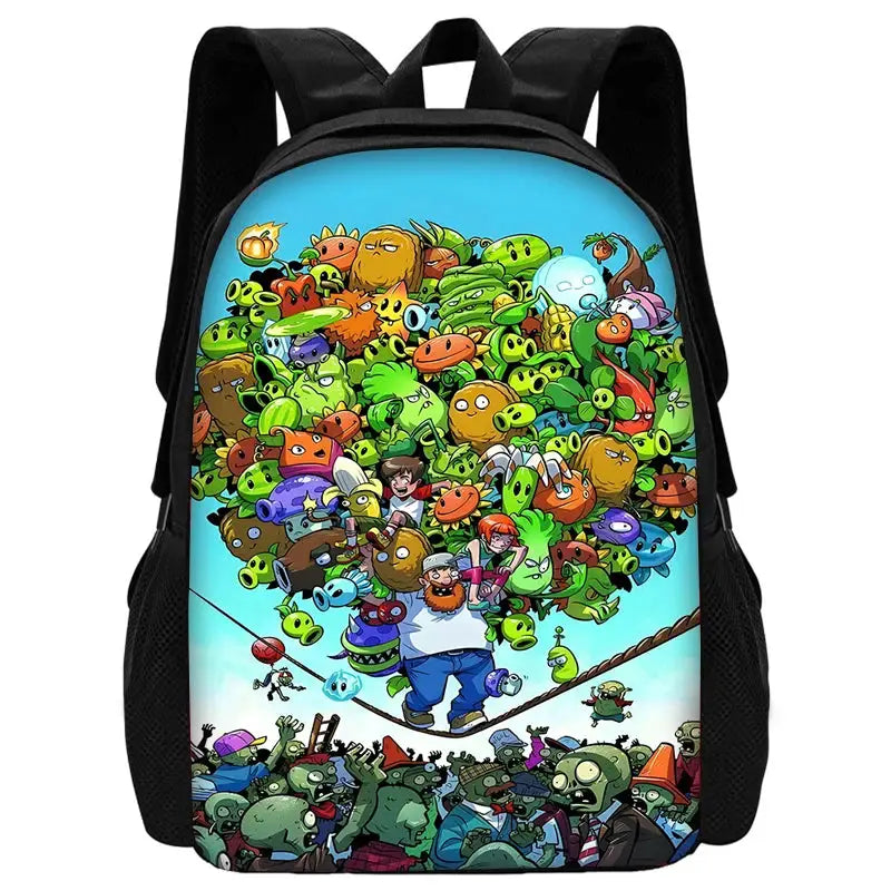 Child backpack by Simples Market with colorful zombie and plant cartoon design
