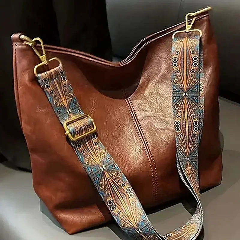 Nova Geometric Strap Shoulder Bag Wide Crossbody Large Capacity Retro PU Leather