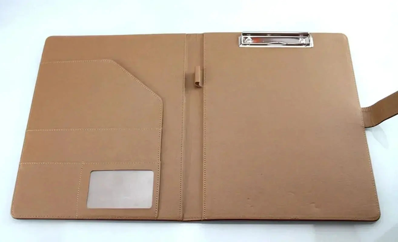 Multifunctional A4 conference folder in brown PU leather with card window, document pockets, and metal clip.
