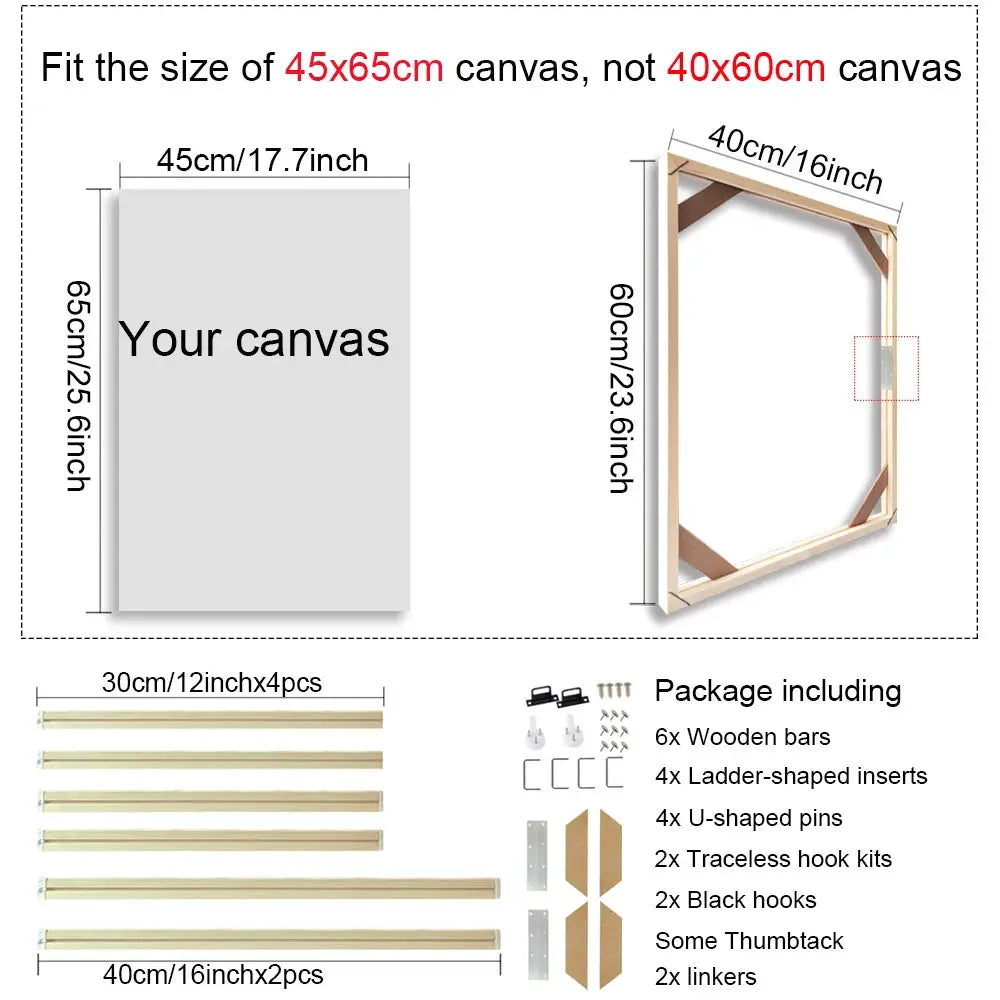 Simples Market natural wooden canvas frame set for 45x65 cm canvases; includes 6 wooden bars and mounting hardware