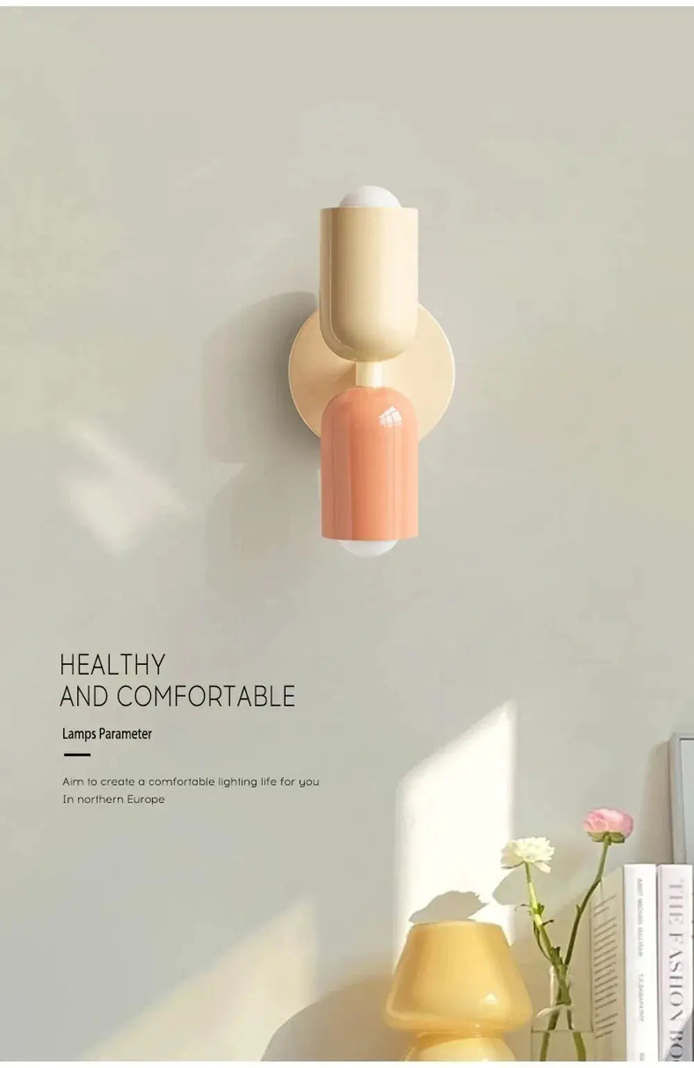 Nordic LED wall lamp with cream and peach dual heads, modern minimalist fixture.