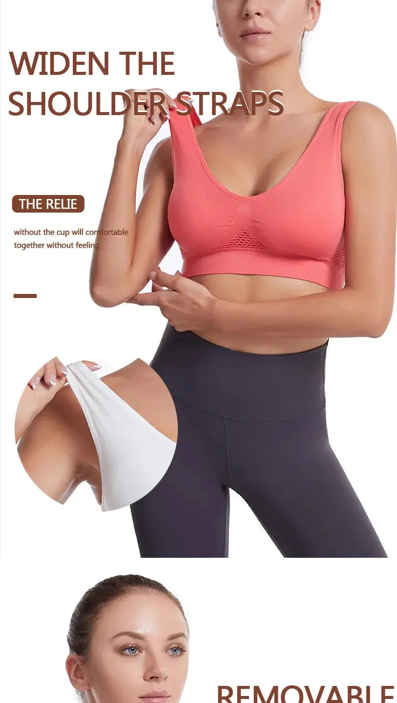 Plus-size pink sports bra with hollow-out mesh panels, wireless, for yoga and running