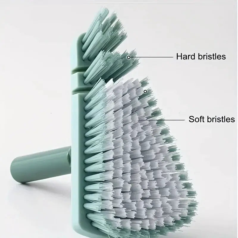 Triangle floor brush with mint-green head, dual hard and soft bristles, long detachable handle