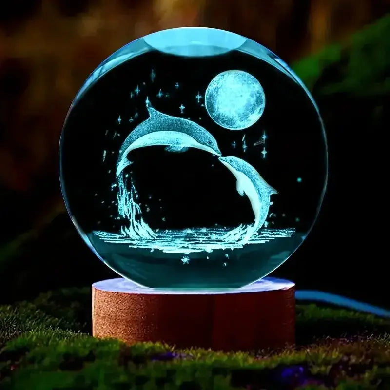 3D Dolphin Moon crystal ball lamp by Simples Market with blue glow on wooden base