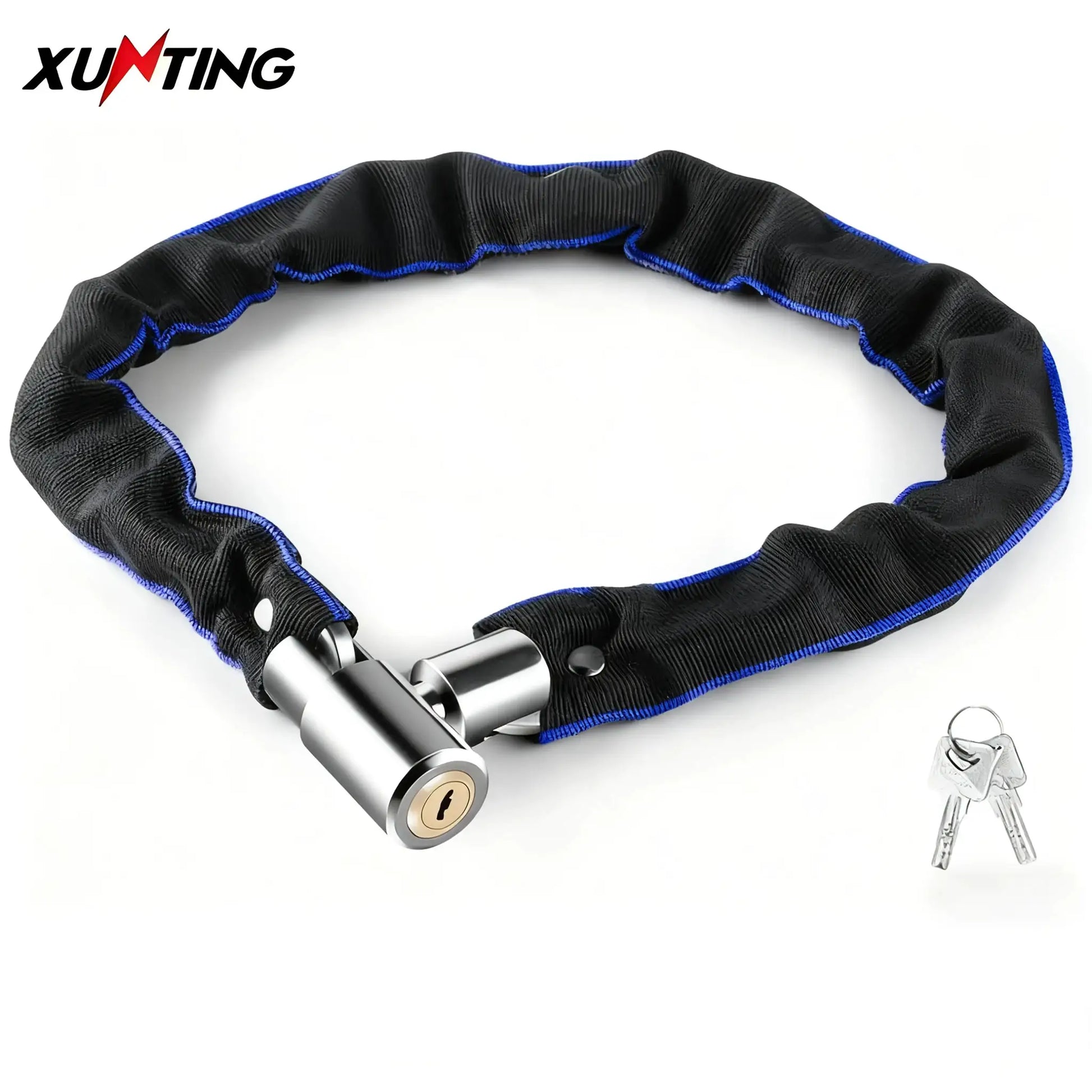 XUNTING bike chain lock with nylon sleeve, black fabric and blue trim, 360° rotating lock with keys
